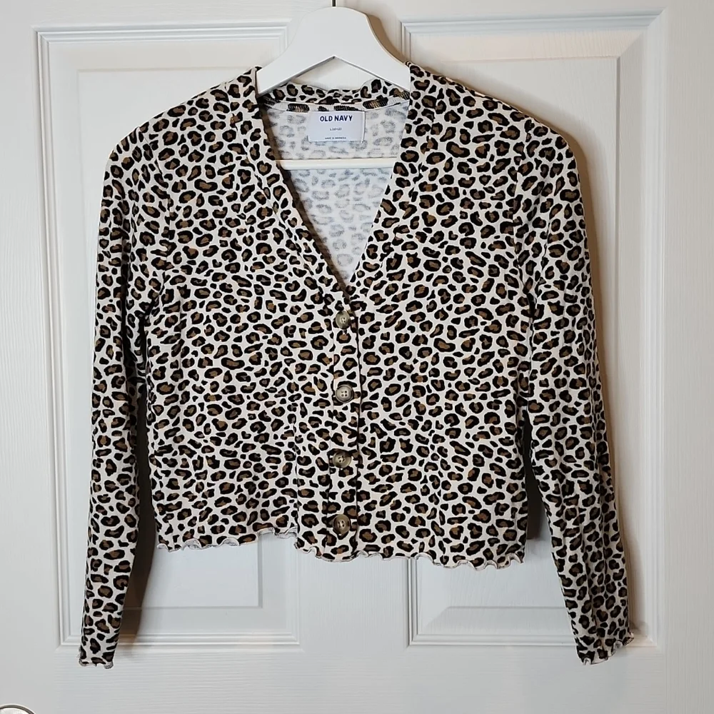 Old Navy Leopard Print Lettuce-Edge Cropped Cardigan, Girls  L (10-12)
